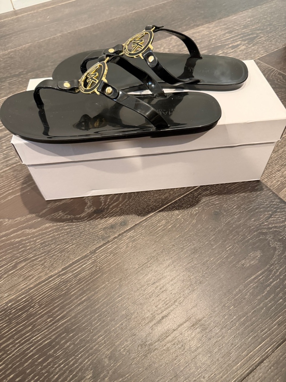 Michael Kors Black Jelly Thong Sandals with Gold MK Emblems - Picture 2 of 3